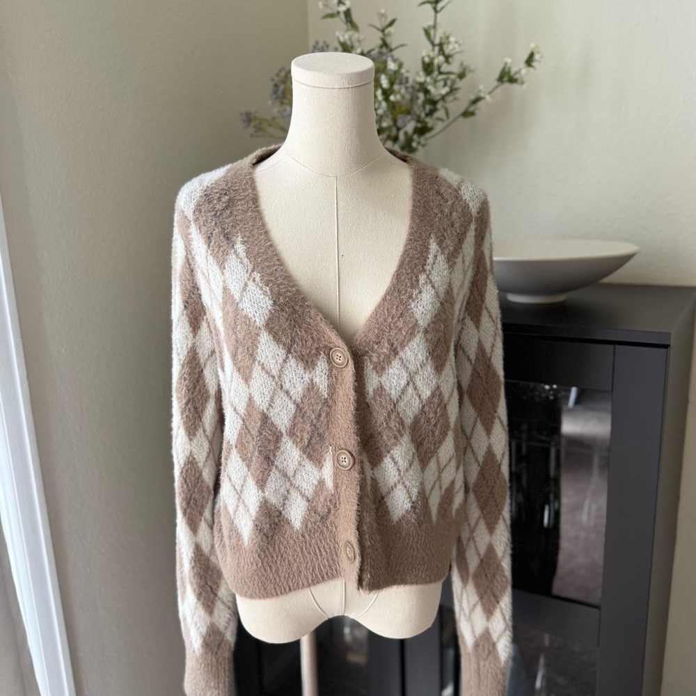 NWOT William Rast Argyle Patterned Brown and White Women's Sweater Size Large